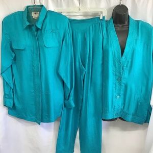 Three Piece Silk pantsuit, bright turquoise, blue flowing design by USAGI